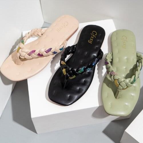 2021 New Fashion Watercolor Diamond Braided Casual Flat Slipper With Flip-flops For Women Square Toe Outdoor Casual Flat Sandals