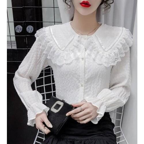 Women 2021 Spring New Fashion Solid Color Lace Shirts Female Long Sleeve Thin Blouses Ladies Slim Buttons Casual Shirts U297