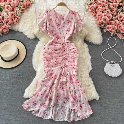 Gagaok Trumpet / Mermaid Dresses Women 2021 Summer French Elegant Sweet Printing Puff Sleeve V-Neckslim Sexy Temperament Dress