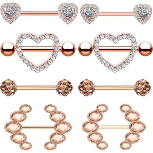 14G Surgical Steel Heart Nipple Piercing Set Crystal Nipple Piercing Bar Lot Tongue Ring Charming Nipple Rings Jewelry