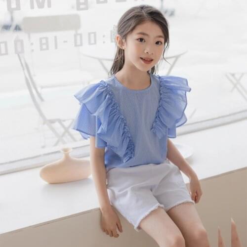 2021 Summer Teenage Baby Girl Fashion Cotton White Blue Shirt Blouse Clothes Children Kids Good Quality Comfortable Tops