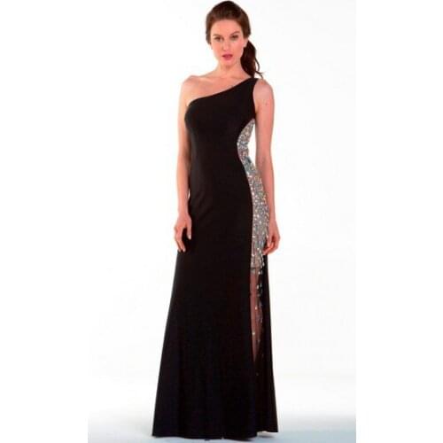 Free shipping maxi dinner one shoulder graduation dress formales long crystal black party prom gown Homecoming Dresses