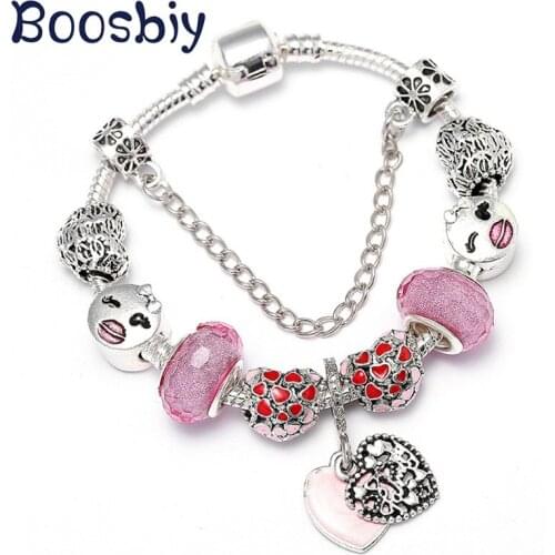 Boosbiy European Style Charm Bracelet With Pink Heart Pendant & Murano Glass Beads Fine Bracelet For Valentines Day Gift