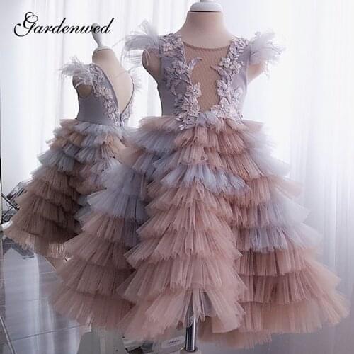 Kid Pretty Layers Multi Color Tiered Flower Girl Dresses Floral Appliques Ruffles Girl Wedding Dress Aline Girl Princess Dresses