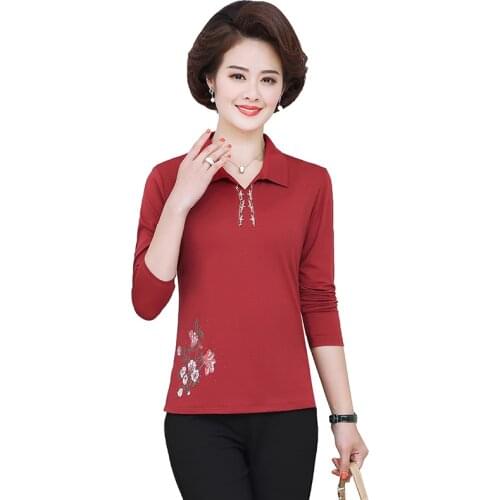 Long Sleeve T-Shirts For Mother Tops Spring Fall Pullover 2021 New Middle Age Women Lapel Tee Shirts Femme Casual Plus Size