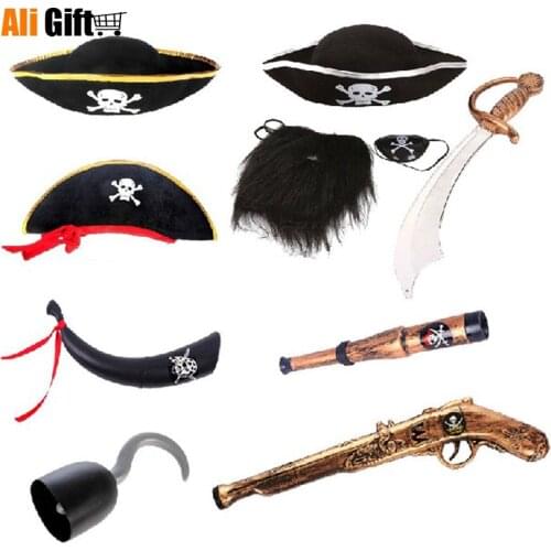 2021 Halloween Pirates Treasure Caribbean Pirate Cosplay Hat Knife Flag Eye Mask Wigs Treasure Search Game Set Halloween Decor
