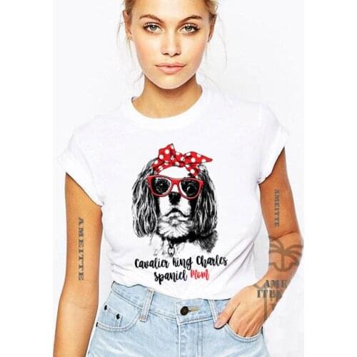 New Women Funny Pet Dog Lover T-Shirts Cavalier King Charles Spaniel Mom Red Polka Dot T-Shirt Cute Girl Casual White Tee shirt