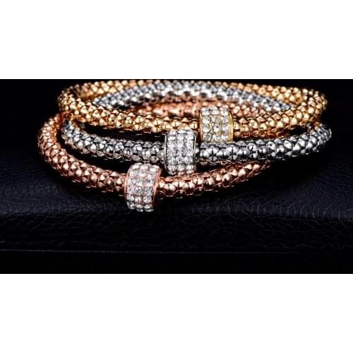 Hot Vintage Austrian Rhinestones Gold Color 3 Pcs/Set Crystal Charm Bracelets Popcorn Chain Jewelry Women Fashion Bracelet Gift