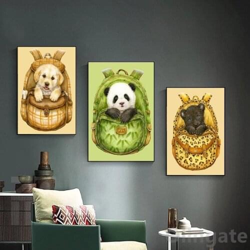 Cartoon Animal In The Bag Wall Art Canvas Painting Cute Dog Poster Print Picture Modern Home Wall Living Room Decoration Gift