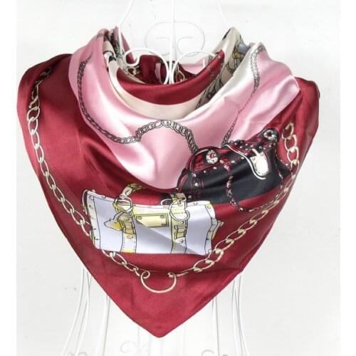 Fashion Female Bag Pattern Satin Square Silk Scarf 90*90cm Brand Wine Red Polyester Neck Silk Scarf Printed For Autumn Winter