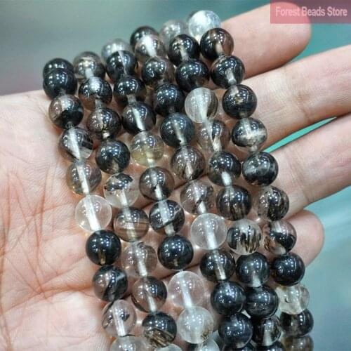 Natural Stone Black Lace Quartz Round Beads for Jewelry Making 15" Strand DIY Bracelet Necklace Accessories 4 6 8 10 12 14MM