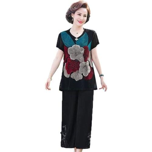 2021New Summer Womens Sets Middle-Aged Elderly Mothers Printing Tops Blouse Wide-Leg Pants Suits Two-Piece Sets Plus Size 5XL