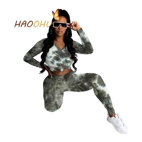 HAOOHU Autumn Women 2 Pieces Set Ladies Tie Dye 2021 Womens Clothing Casual Fashion Sportswear Suit High Waist Streetwear Slim