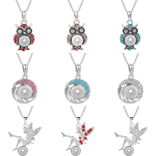 New 12mm Snap Jewelry Necklaces Rhinestone Crystal Owl Angel Wings Round Snap Necklace Fit 12mm Snap Buttons Pendant Necklaces