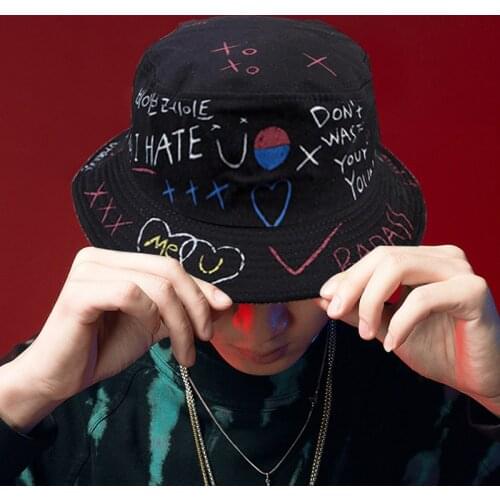 Unisex Harajuku Bucket Hat Graffiti Letter Women Men Fishing Fisherman Hat Summer Outdoor Panama Hip Hop Cap