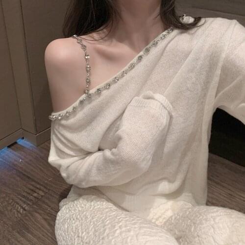 Sexy One-shoulder Knitted T-shirt Ladies Spring New Diamond Strip Long-sleeved White Sweater Thin Loose Top Spring and Autumn