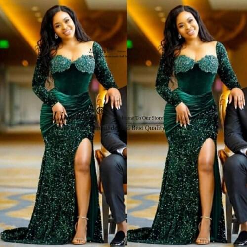 Sexy Dark Green Long Sleeves Prom Dresses Saudi Arabia Sequined Mermaid Split Evening Gowns Sweep Train Robe Formal Party Dress
