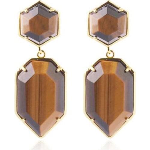 Kraft-beads Gold Color Layer Shield Section Natural Tiger Eye Stone Dangle Earrings For Party Jewelry