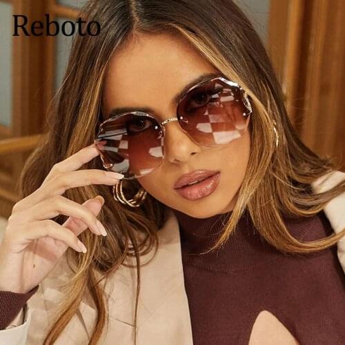 Oversized Brown Rimless Sunglasses Women Trendy Round Gradient Shades Glasses 2021 Summer Female Sunglasses Oculos