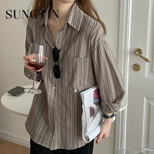 Sungtin Vintage Elegant Stripe Blouse Shirts Women Spring OL Casual Loose Shirts Female Korean Chic Oversize Tops Boyfriend 2021