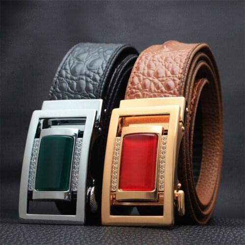 TJ-TianJun Man Crocodile Pattern Belt Automatic Alloy Buckle With Inlaid Jade Fashion Business Girdle National Style Waistband
