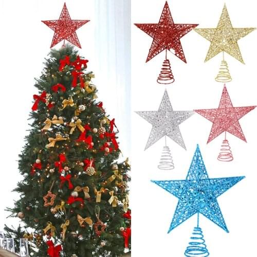 Christmas Tree Five-pointed Star Decor Christmas Tree Topper Gold Silver Red Xmas Tree Ornament Christmas Party Treetop Decor