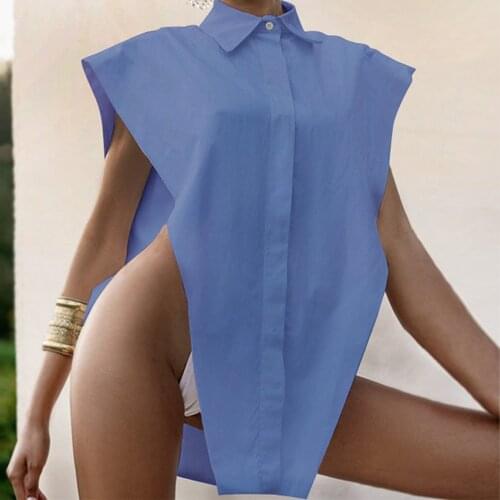 Irregular Side Cut Out Button Up Tops Womens Sleeveless Solid Shirt Female Cut Out Design Oversized Shirts Sexy Blouses 3XL