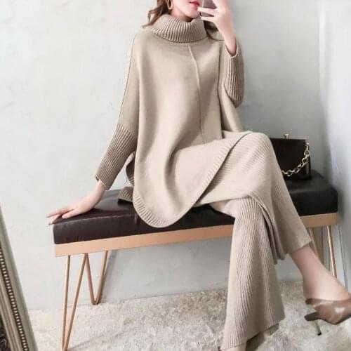 Women 2020 Spring Autumn Knitted Two Pieces Pant Sets Female New Long Sleeved Sweater Pullovers And Wide Leg Pants Suits T401