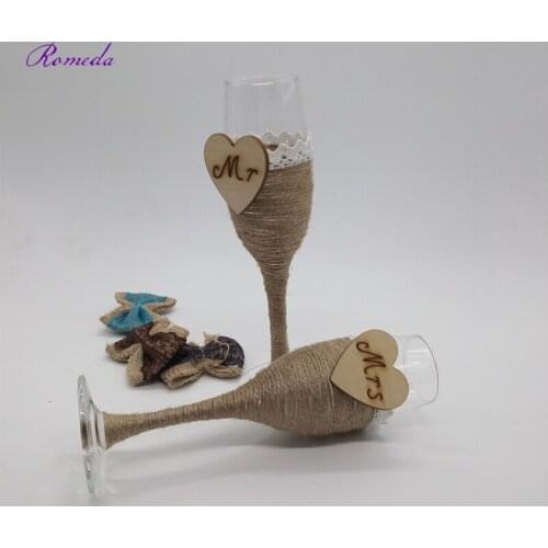 Newest MR and MRS 1 pair Rustic Wedding Bridal Shower Gift wedding burlap Champagne Toasting Glasses Set