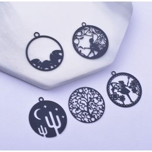 12pcs Brass Laser Tute Black Round Elephant Angel Charms Connector DIY Making Eearring Pendant Jewelry Findings