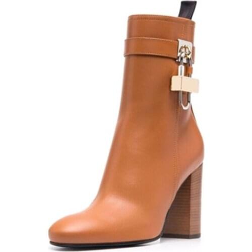 2021 Autumn Winter New Boots Big Size 43 Chunky High Heel Fashion Booty Ankle Lock Work Boots