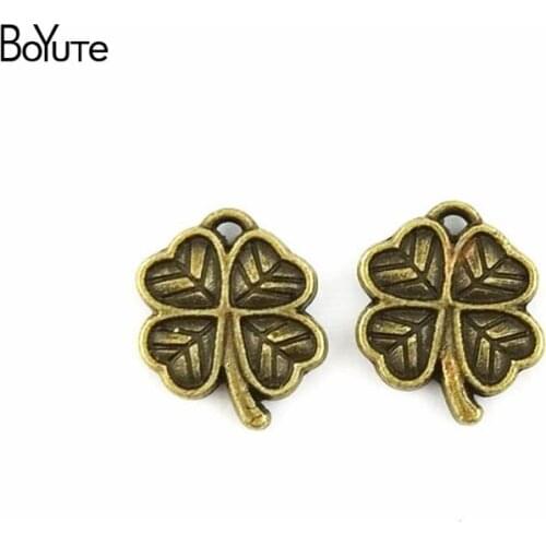 BoYuTe (100 Pieces/lot) 11*13MM Vintage Charms Lucky Four Leaf Clover Antique Bronze Plated Alloy Pendant Findings Components