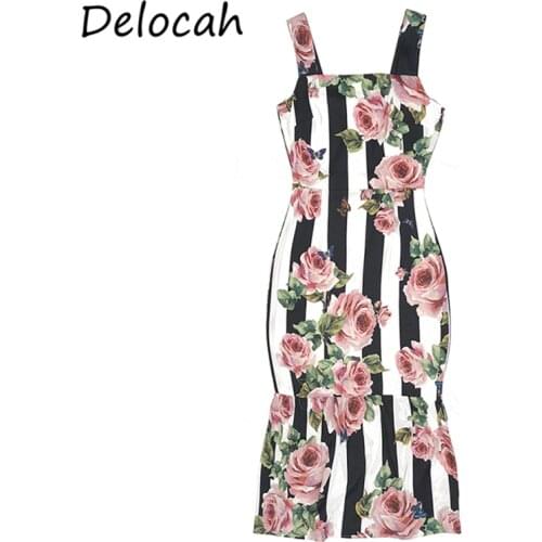 Delocah Women Summer Fashion Designer Party Midi Dress Sexy Spaghetti Strap Rose Floral Printed Ladies Mermaid Dresses vestidos