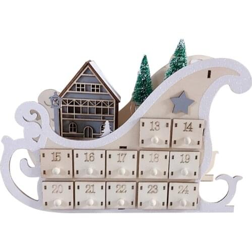 Tree House Sleigh Wooden Advent Calendar Countdown Christmas Party Decor 24 Drawers with LED Light Ornament