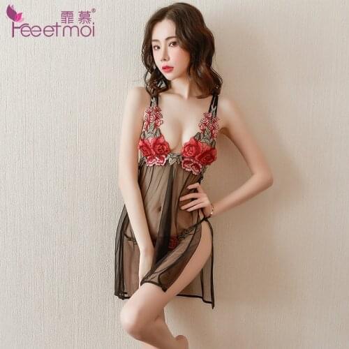 FM sexy lingerie nightdress see-through sexy sling tulle pajamas set