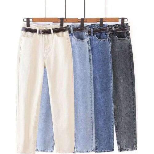 Spring and Autumn Fashion Womens Solid Color Wild Denim Dad Pants Casual Jeans with Belt
