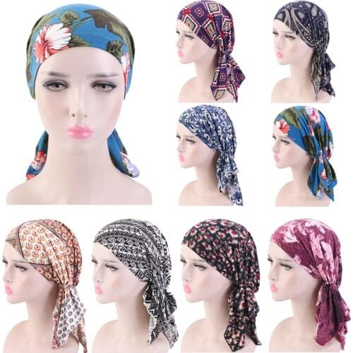 Muslim Women Printed Hijabs Hats Turban Head Head Scarf Chemo Cancer Cap Hair Loss Hat Long Tail Bonnet Ruffle Wrap Cap Fashion