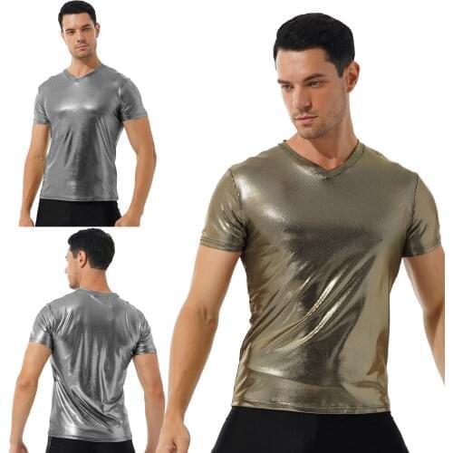 Plus Size T Shirt Men Clothes Summer Fashion Glossy V Neck Short Sleeve Nightclub Dance Show Costume Casual Metallic Shiny Tops