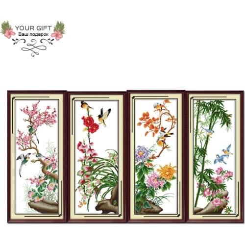 Joy Sunday H102H103H104H105 Home Decoration Red Plum Pink Orchid Yellow Chrysanthemum Green Bamboo Flowers Cross Stitch kits