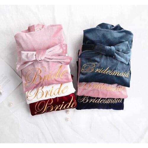 Autumn Winter Velour Kimono Robe Gown Bride Bridesmaids Embroidery Nightwear Full Sleeve Bathrobe Night Dress Loose Sleepwear