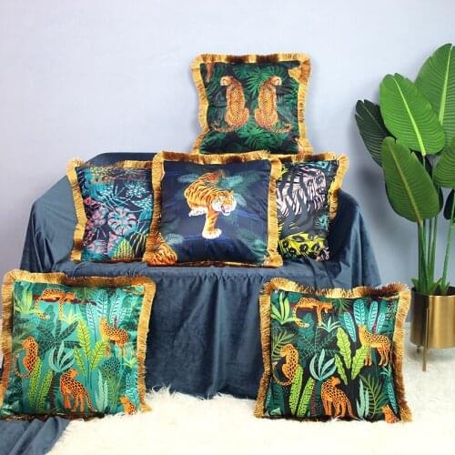 Silk Cushion Cover Home Decor Forest Printed Golden Tassel Pillow Covers Decorative Cushion Covers 45*45cm Sofa Home Pillowcases