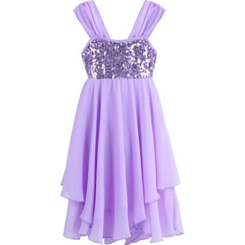 TiaoBug Kids Girls Chiffon Sequins Adjustable Shoulder Straps Ballet Dance Gymnastics Leotard Dress Stage Performance Costume