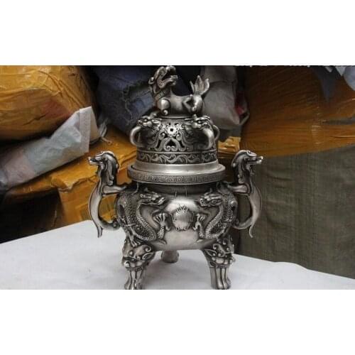 Tibet Copper Silver Dragon Foo Dog Lion Head Kylin Kilin Incense Burner Censer