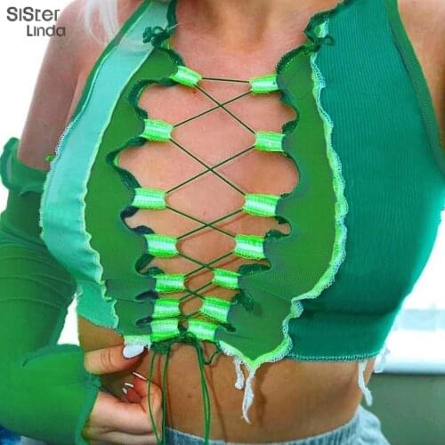 Sisterlinda Sexy Holes Cut Tassel Crop Top Women With Gloves Fashion Patchwork Mesh Fabric Tees Gothic Activity Slim Tank Outfit