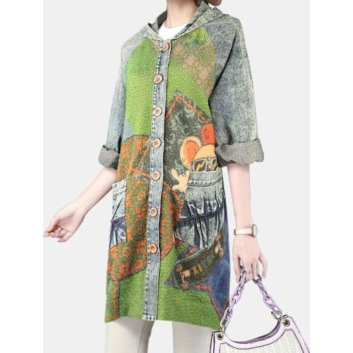 2021 Spring Autumn Street Fashion Mink-like Cashmere Jeans Denim Printed Cardigan Green Little Mouse Hooded Knitted Women Jacket