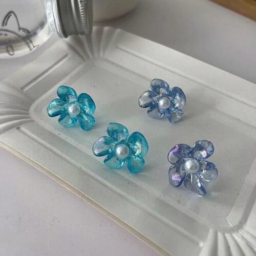 Cute Lovely Blue Purple Color Flower Stud Earrings for Women Summer Beach Faux Pearl Floral Statement Earring Korean Pendientes