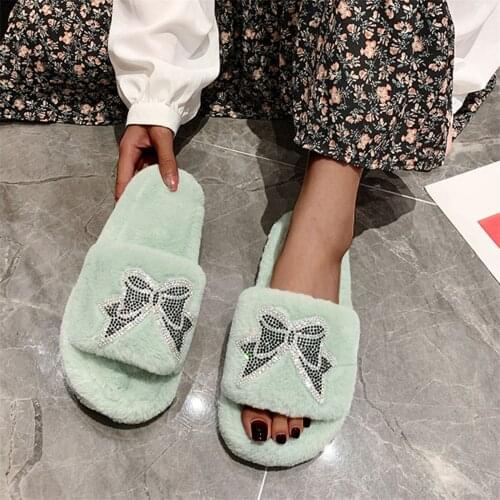 Womens Slippers Fashion Bowknot Rhinestone Autumn Winter Warm Plush Slippers Thick-soled Cotton Indoor Bedroom Floor Shoes