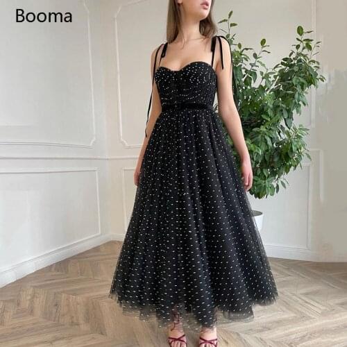 Booma Black Midi Tulle Prom Dresses Sweetheart Spaghetti Straps Tea-Length Prom Gowns with Belt A-Line Formal Party Dresses