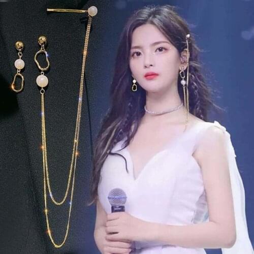 2021 Korean fashion new Yang Chaoyue star same hairpin Earrings integrated long tassel side clip asymmetric Earrings
