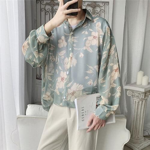 2021 Mens Hawaiian Shirt Long Sleeve Sunscreen Clothes Floral Printing Shirt Loose Camisa Masculina Fashion Shirts M-XL